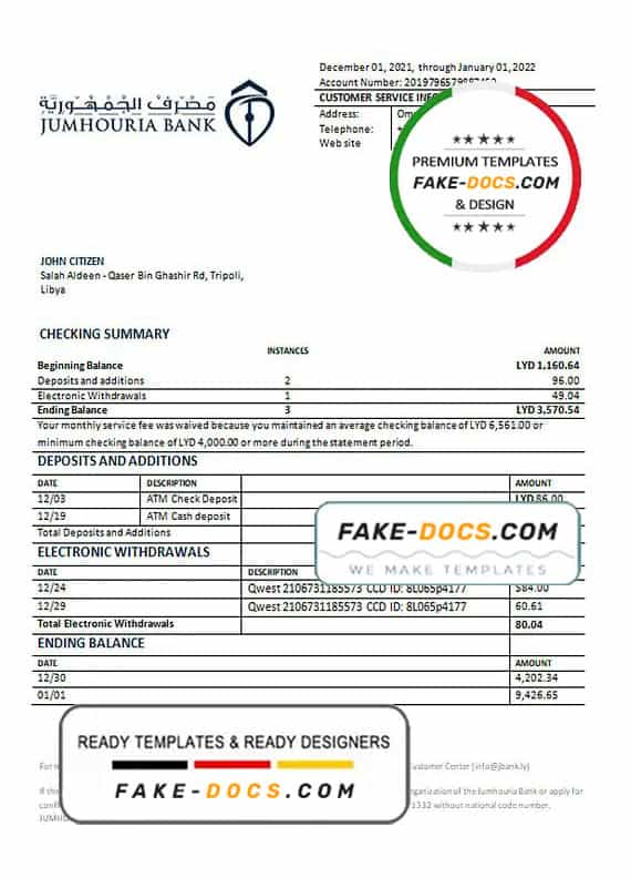 Libya Jumhouria Bank statement template in Word and PDF format Libya Jumhouria Bank statement template in Word and PDF format