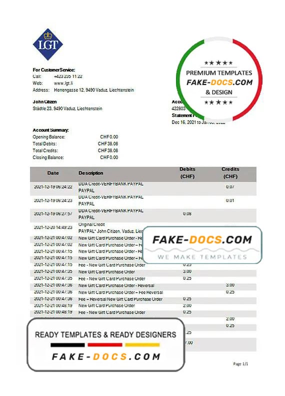 Liechtenstein LGT Bank statement template in Word and PDF format Liechtenstein LGT Bank statement template in Word and PDF format