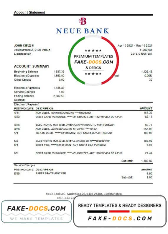 Liechtenstein Neue Bank AG bank statement easy to fill template in .xls and .pdf file format Liechtenstein Neue Bank AG bank statement easy to fill template in .xls and .pdf file format