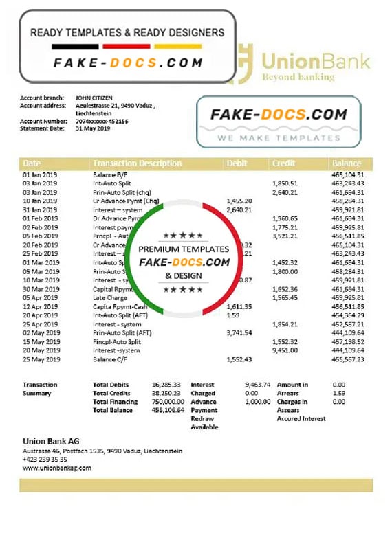 Liechtenstein Union Bank AG statement template in Word and PDF format Liechtenstein Union Bank AG statement template in Word and PDF format