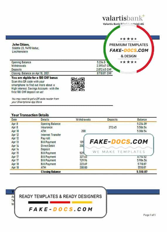 Liechtenstein Valartis Bank statement template in Word and PDF format Liechtenstein Valartis Bank statement template in Word and PDF format