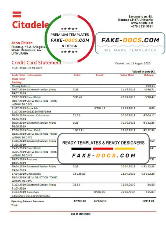 Lithuania (Litva) Citadele bank credit card statement template in Word and PDF format Lithuania (Litva) Citadele bank credit card statement template in Word and PDF format