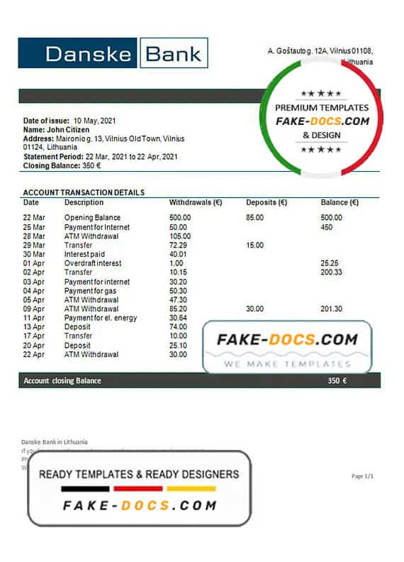 Lithuania (Litva) Danske bank statement template in Word and PDF format Lithuania (Litva) Danske bank statement template in Word and PDF format