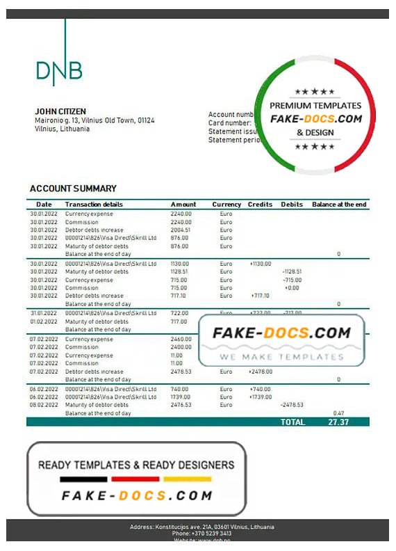 Lithuania (Litva) DNB bank statement template in Word and PDF format Lithuania (Litva) DNB bank statement template in Word and PDF format