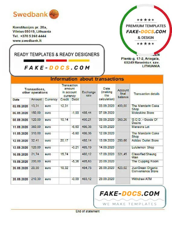 Lithuania Swedbank bank statement template in Word and PDF format Lithuania Swedbank bank statement template in Word and PDF format