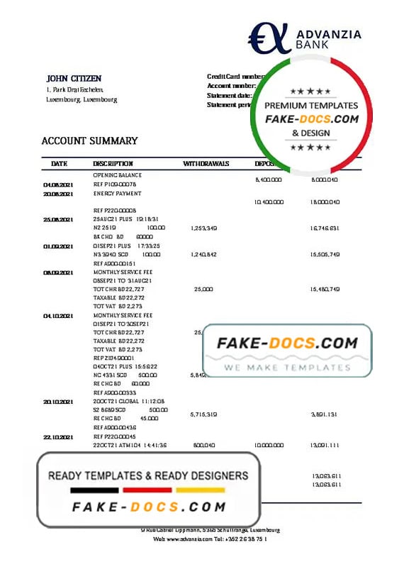 Luxembourg Advanzia bank proof of address statement template in Word and PDF format, .doc and .pdf format Luxembourg Advanzia bank proof of address statement template in Word and PDF format, .doc and .pdf format
