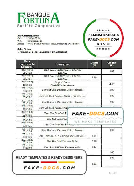 Luxembourg Fortuna Banque bank proof of address statement template in Word and PDF format, .doc and .pdf format Luxembourg Fortuna Banque bank proof of address statement template in Word and PDF format, .doc and .pdf format