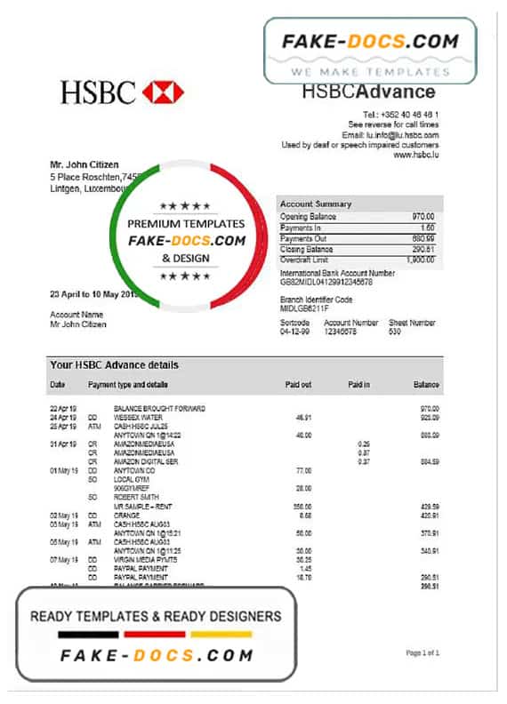 Luxembourg HSBC bank proof of address statement template in Word and PDF format, .doc and .pdf format Luxembourg HSBC bank proof of address statement template in Word and PDF format, .doc and .pdf format