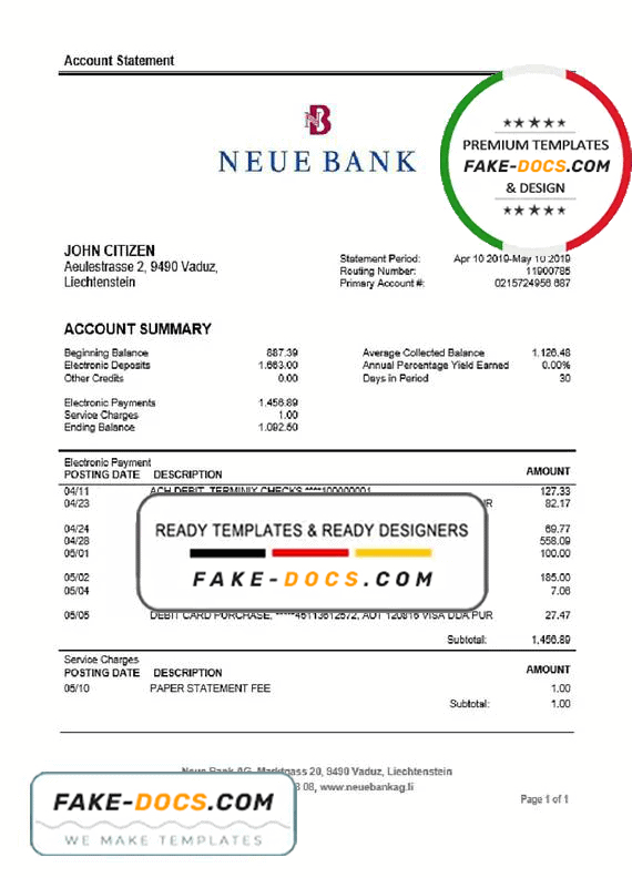 Liechtenstein Neue Bank AG proof of address statement template in Word and PDF format Liechtenstein Neue Bank AG proof of address statement template in Word and PDF format