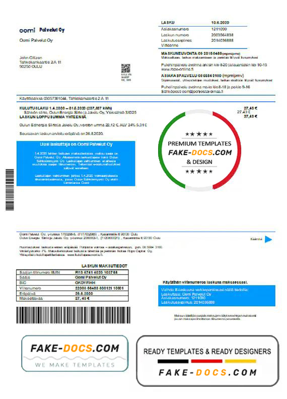 Finland Oomi Palvelut Oy electricity utility bill template in Word and PDF format
