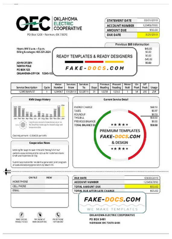 USA OEC electricity utility bill template in Word and PDF format