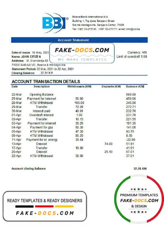 Bosnia and Herzegovina Bosna Bank International bank statement easy to fill template in Excel and PDF format (AutoSum) Bosnia and Herzegovina Bosna Bank International bank statement easy to fill template in Excel and PDF format (AutoSum)