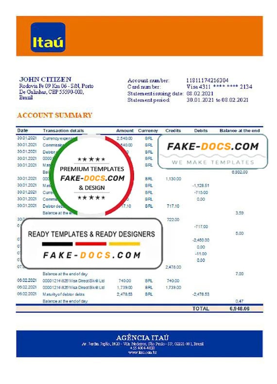 Brazil Itau bank statement template in Excel and PDF format, fully editable Brazil Itau bank statement template in Excel and PDF format, fully editable