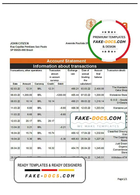 Brazil Safra bank statement template in Excel and PDF format Brazil Safra bank statement template in Excel and PDF format