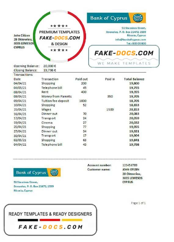 Cyprus Bank of Cyprus bank statement easy to fill template in .xls and .pdf file format Cyprus Bank of Cyprus bank statement easy to fill template in .xls and .pdf file format