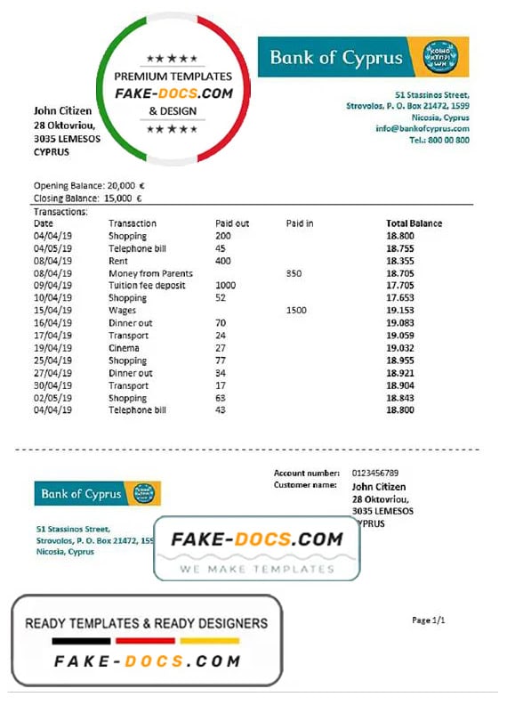 Cyprus Bank of Cyprus proof of address bank statement template in Word and PDF format Cyprus Bank of Cyprus proof of address bank statement template in Word and PDF format