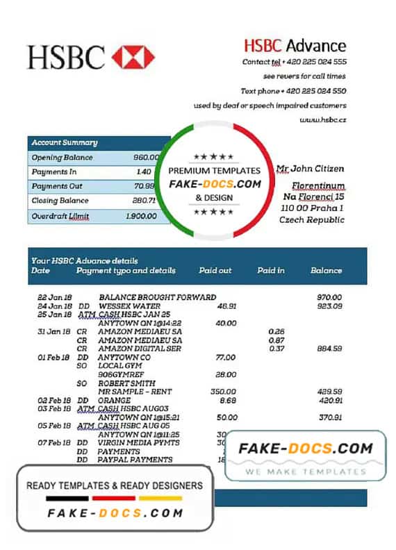 Czech HSBC bank statement easy to fill template in .doc and .pdf format, fully editable Czech HSBC bank statement easy to fill template in .doc and .pdf format, fully editable