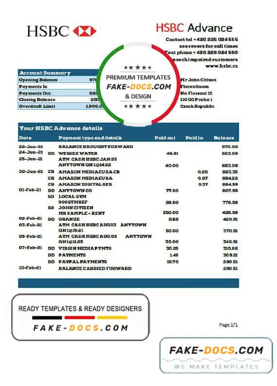Czech HSBC bank statement easy to fill template in Excel and PDF format Czech HSBC bank statement easy to fill template in Excel and PDF format