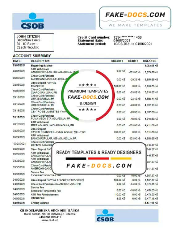 Czech Republic Československá Obchodní Banka bank statement easy to fill template in .xls and .pdf file format Czech Republic Československá Obchodní Banka bank statement easy to fill template in .xls and .pdf file format