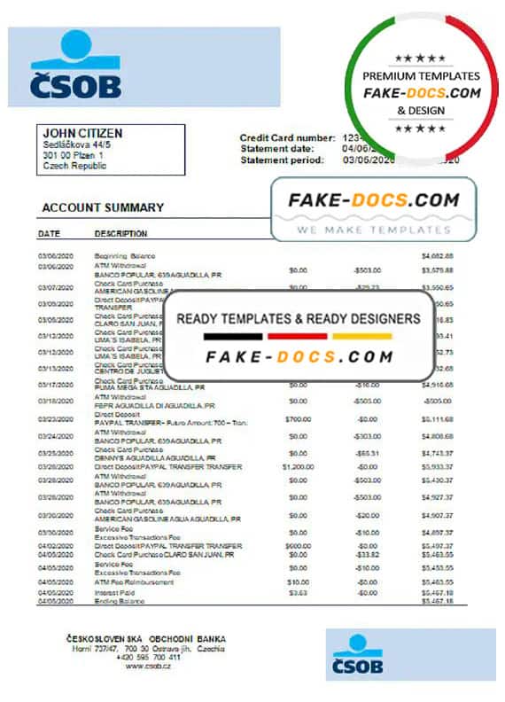 Czech Republic Československá Obchodní Banka statement template in Word and PDF format Czech Republic Československá Obchodní Banka statement template in Word and PDF format