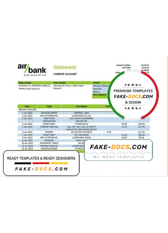 Czechia Air bank statement template in Word and PDF format Czechia Air bank statement template in Word and PDF format
