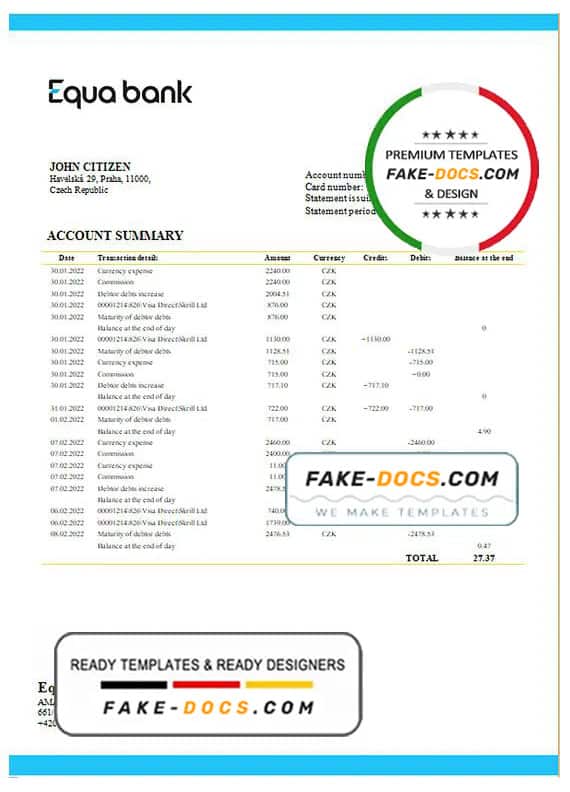 Czechia Equabank bank statement template in Word and PDF format Czechia Equabank bank statement template in Word and PDF format