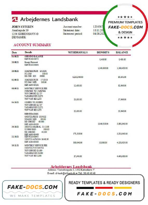 Denmark Arbejdernes Landsbank bank statement easy to fill template in Excel and PDF format Denmark Arbejdernes Landsbank bank statement easy to fill template in Excel and PDF format