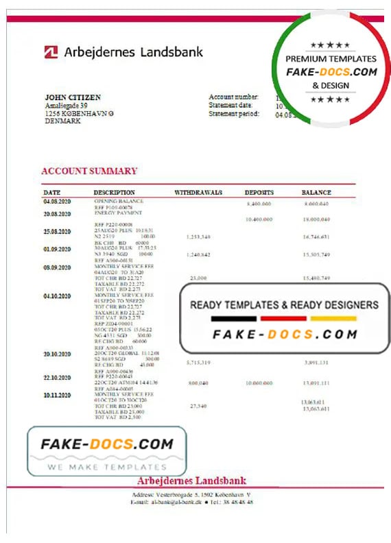 Denmark Arbejdernes Landsbank bank statement template in Word and PDF format Denmark Arbejdernes Landsbank bank statement template in Word and PDF format