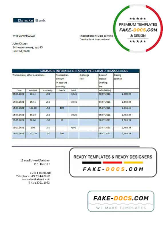 Denmark Danskebank bank statement easy to fill template in Excel and PDF format Denmark Danskebank bank statement easy to fill template in Excel and PDF format