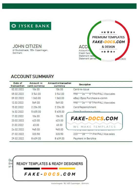 Denmark Jyske bank statement template in Word and PDF format Denmark Jyske bank statement template in Word and PDF format