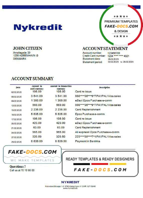 Denmark Nykredit bank statement template in Word and PDF format Denmark Nykredit bank statement template in Word and PDF format