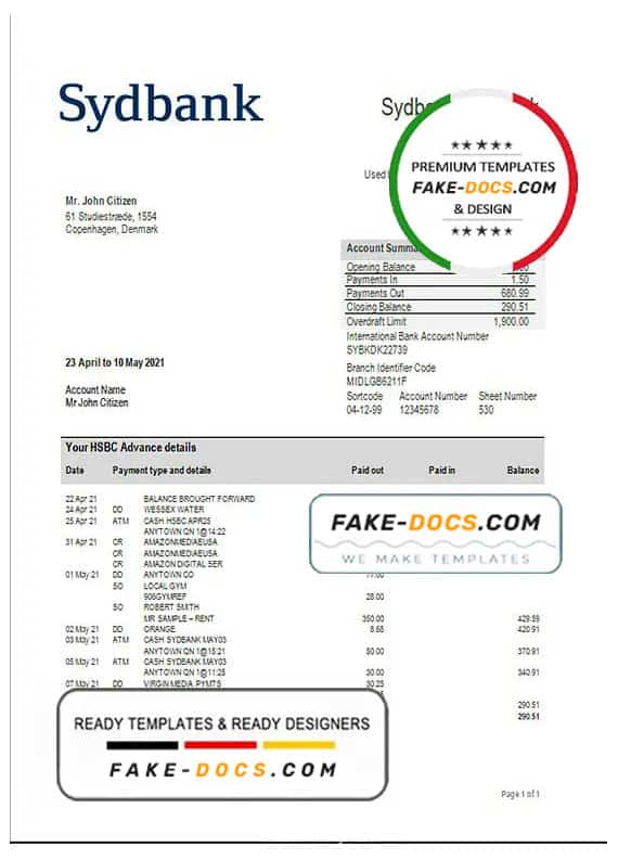 Denmark Sydbank bank statement template in Word and PDF format Denmark Sydbank bank statement template in Word and PDF format