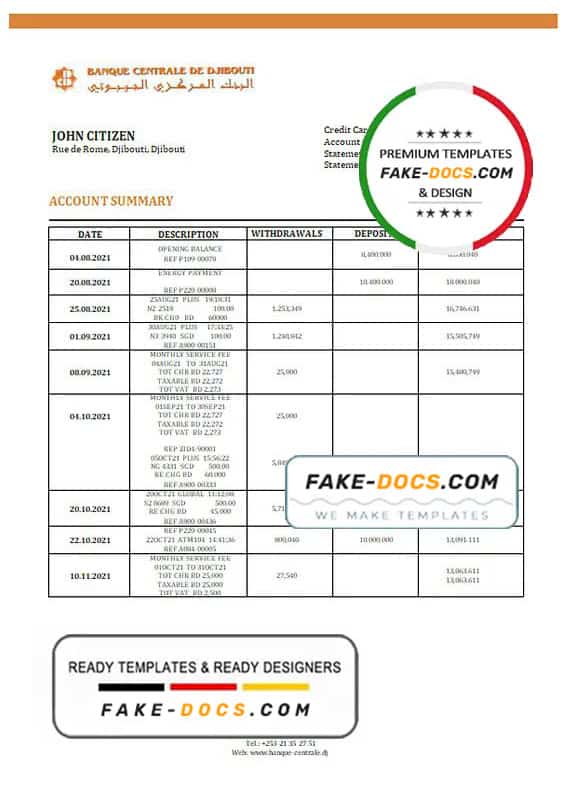 Djibouti Central Bank of Djibouti bank statement template in Word and PDF format Djibouti Central Bank of Djibouti bank statement template in Word and PDF format