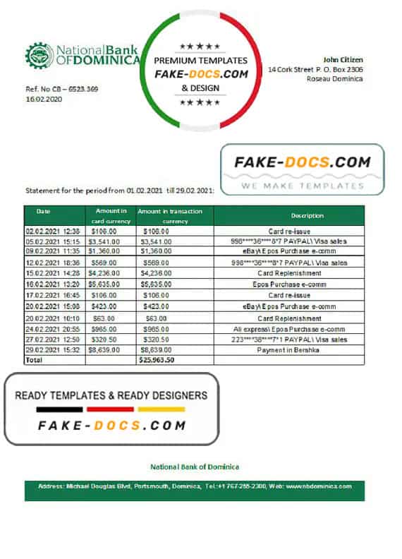 Dominica National Bank of Dominica bank statement easy to fill template in Excel and PDF format Dominica National Bank of Dominica bank statement easy to fill template in Excel and PDF format