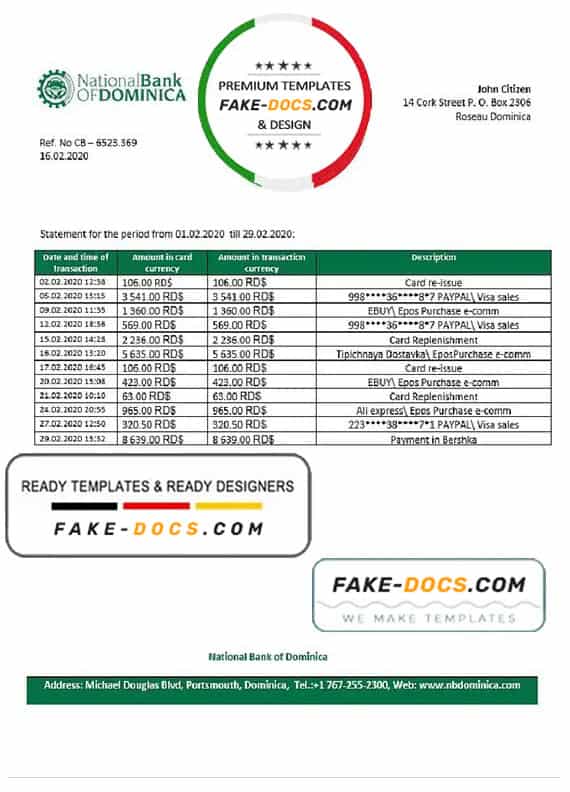 Dominica National Bank of Dominica bank statement template in Word and PDF format Dominica National Bank of Dominica bank statement template in Word and PDF format