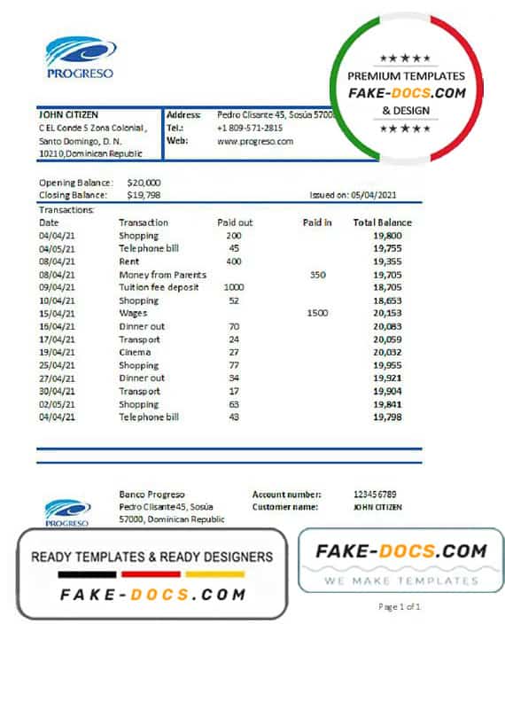 Dominican Republic Banco Progreso bank statement easy to fill template in Excel and PDF format (AutoSum) Dominican Republic Banco Progreso bank statement easy to fill template in Excel and PDF format (AutoSum)