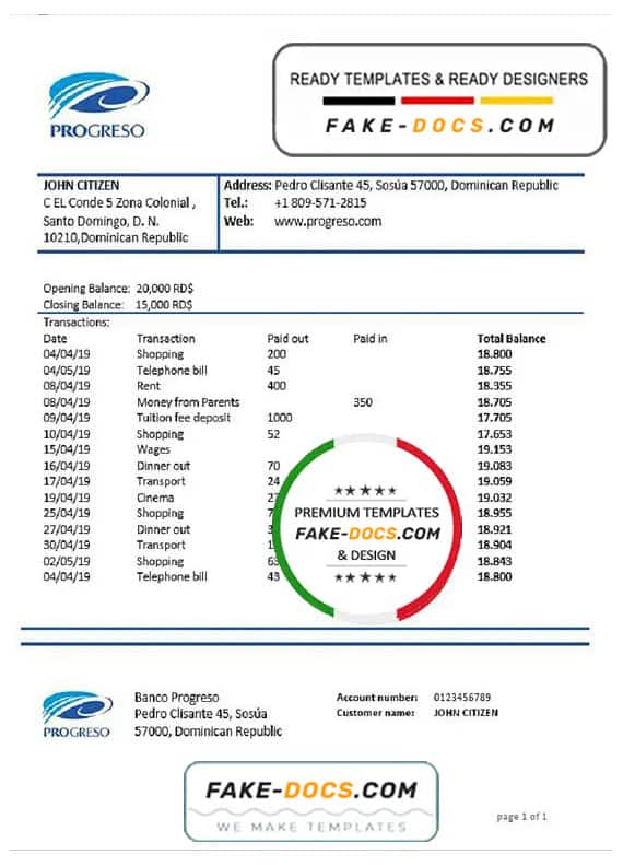 Dominican Republic Banco Progreso bank statement template, Word and PDF format (.doc and .pdf) Dominican Republic Banco Progreso bank statement template, Word and PDF format (.doc and .pdf)
