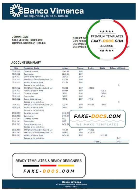 Dominican Republic Banco Vimenca proof of address bank statement template in Word and PDF format Dominican Republic Banco Vimenca proof of address bank statement template in Word and PDF format