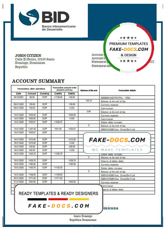 Dominican Republic Bid proof of address bank statement template in Word and PDF format Dominican Republic Bid proof of address bank statement template in Word and PDF format