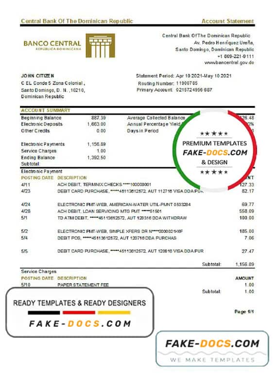 Dominican Republic Central Bank Of The Dominican Republic bank statement easy to fill template in Excel and PDF format Dominican Republic Central Bank Of The Dominican Republic bank statement easy to fill template in Excel and PDF format
