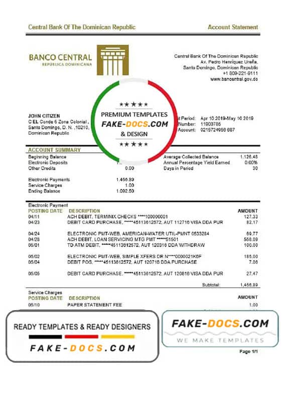 Dominican Republic Central Bank of The Dominican Republic proof of address bank statement template in Word and PDF format Dominican Republic Central Bank of The Dominican Republic proof of address bank statement template in Word and PDF format