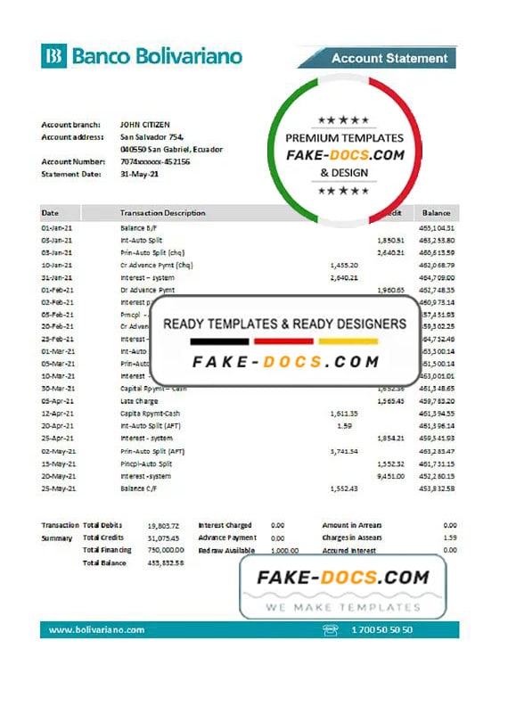 Ecuador Banco Bolivariano bank statement easy to fill template in .xls and .pdf file format Ecuador Banco Bolivariano bank statement easy to fill template in .xls and .pdf file format