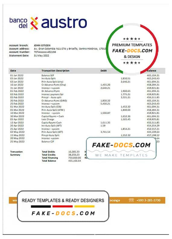 Ecuador Banco del Austro proof of address bank statement template in Word and PDF format Ecuador Banco del Austro proof of address bank statement template in Word and PDF format