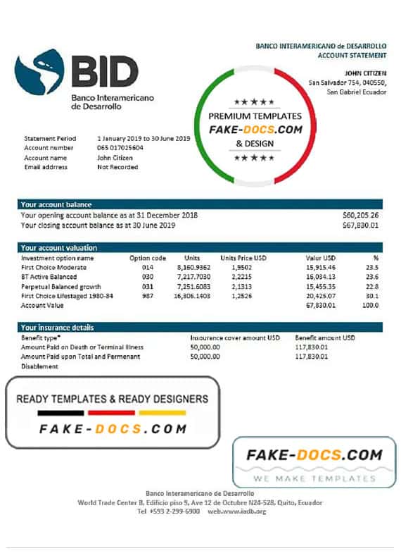 Ecuador Banco Interamericano de Desarrollo (BID) bank statement template in Word and PDF format, good for address prove Ecuador Banco Interamericano de Desarrollo (BID) bank statement template in Word and PDF format, good for address prove
