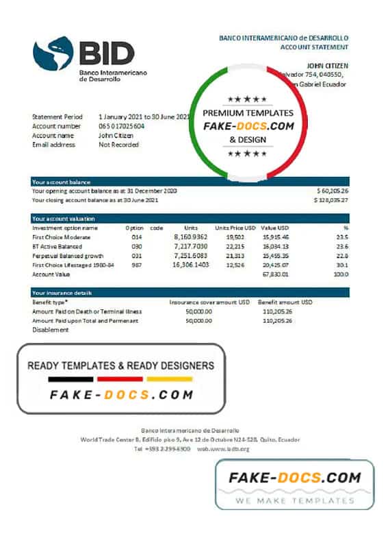 Ecuador Banco Interamericano de Desarrollo BID bank statement easy to fill template in .xls and .pdf file format Ecuador Banco Interamericano de Desarrollo BID bank statement easy to fill template in .xls and .pdf file format
