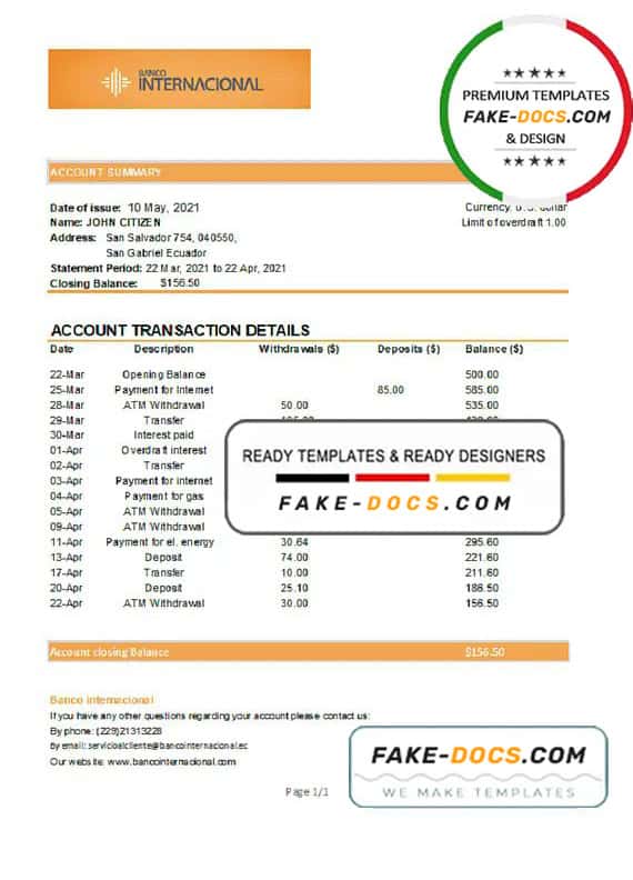 Ecuador Banco Internacional bank statement easy to fill template in Excel and PDF format Ecuador Banco Internacional bank statement easy to fill template in Excel and PDF format
