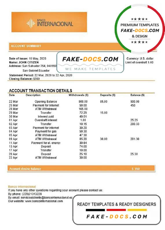 Ecuador Banco Internacional bank statement template in Word and PDF format Ecuador Banco Internacional bank statement template in Word and PDF format