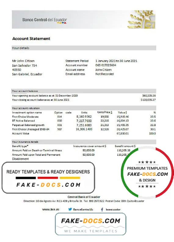 Ecuador Central Bank of Ecuador bank statement easy to fill template in Excel and PDF format Ecuador Central Bank of Ecuador bank statement easy to fill template in Excel and PDF format