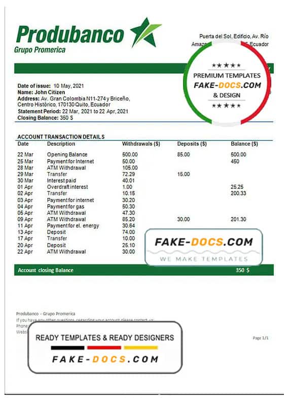 Ecuador Produbanco proof of address bank statement template in Word and PDF format Ecuador Produbanco proof of address bank statement template in Word and PDF format