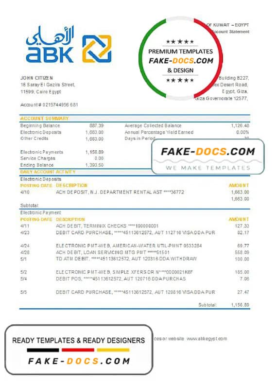 Egypt Al Ahli Bank of Kuwait bank statement easy to fill template in Excel and PDF format Egypt Al Ahli Bank of Kuwait bank statement easy to fill template in Excel and PDF format